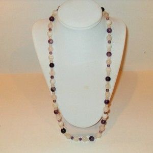 Quartz and Amethyst beaded gemstone necklace, retro purple gemstone jewelry Boho